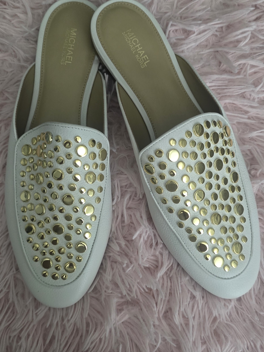 Michael Kors White Leather Slip-On Mules with Gold Stud Accents